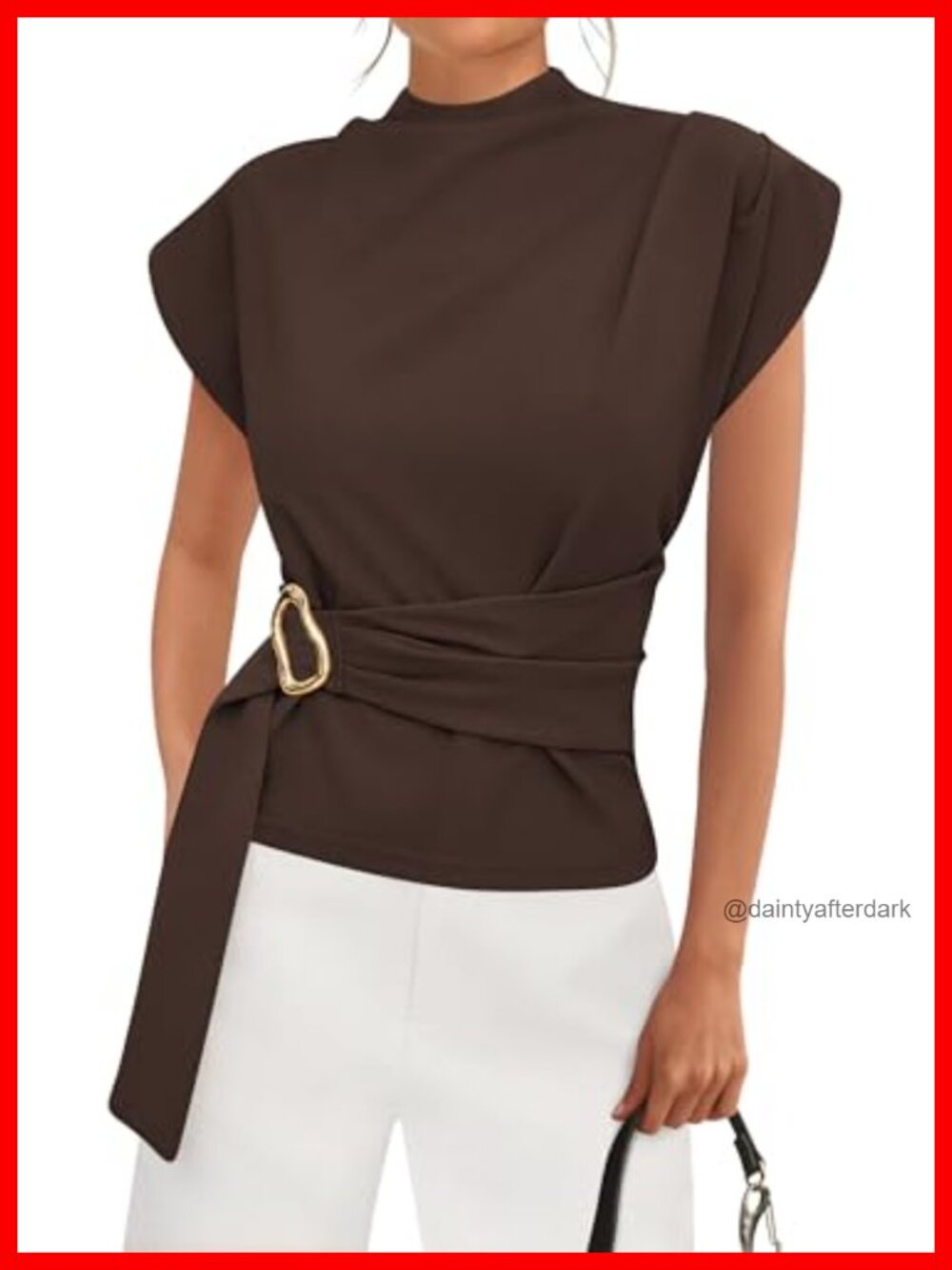 Womens Cap Sleeve Mock Neck Tunic Blouse Gold Buckle Zip Back Knit Top